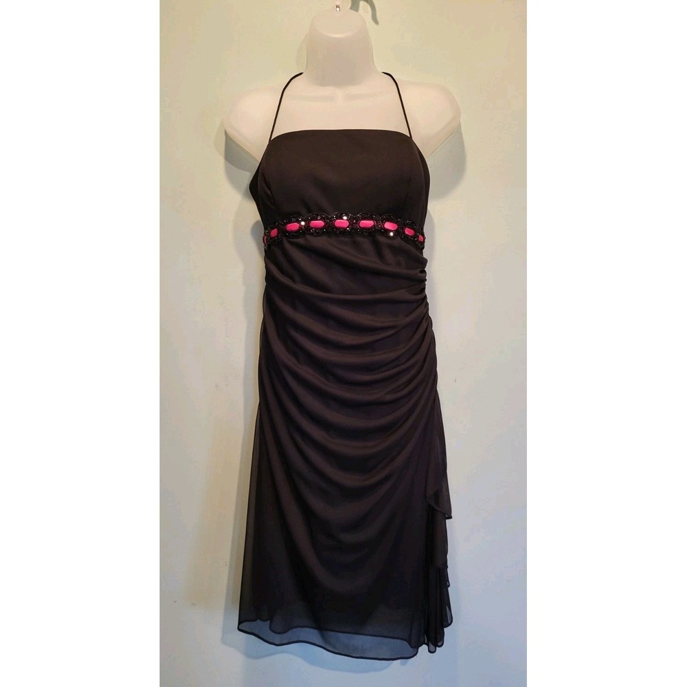 Y2K Betsy & Adam Black Milkmaid Empire Waist Beaded Ruched Midi Dress Sz 10